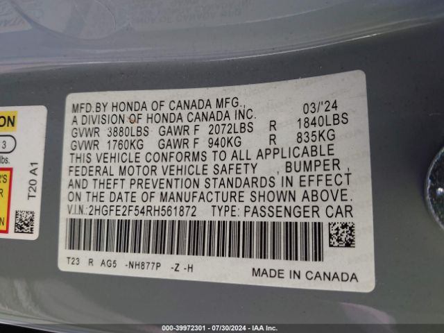 2HGFE2F54RH561872 Honda Civic Sport