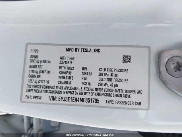 5YJ3E1EA4MF851795 Tesla Model 3 Standard Range Plus Rear-wheel Drive