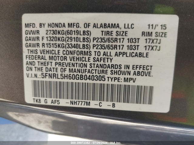Honda Odyssey Ex-l 2016 5FNRL5H60GB040305 Image 9