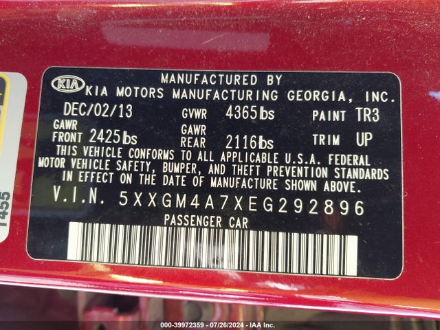 KIA Optima Lx 2014 5XXGM4A7XEG292896 Image 9