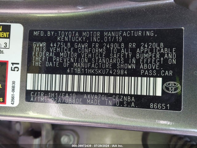 Toyota CAMRY LE 2019 4T1B11HK5KU742984 Image 9
