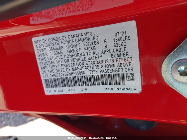 Honda Civic Sport 2022 2HGFE2F59NH515058 Image 9
