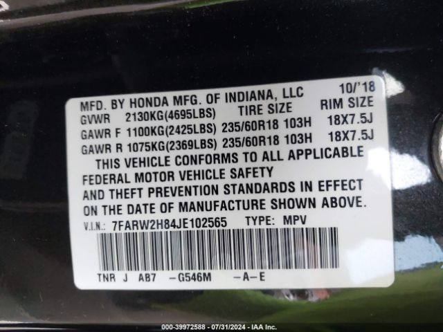 7FARW2H84JE102565 Honda Cr-v Ex-l/ex-l Navi