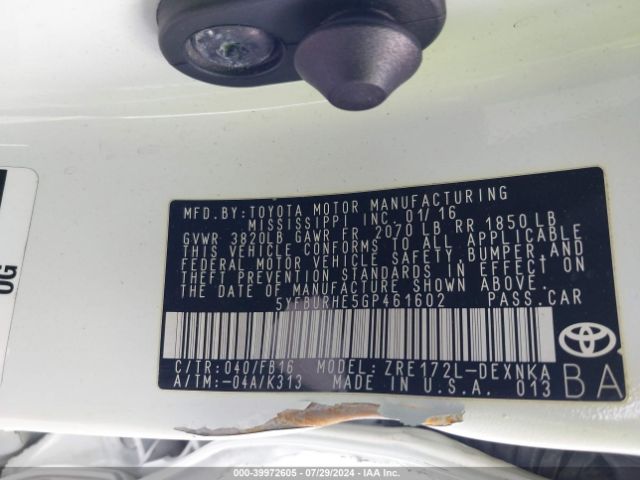 5YFBURHE5GP461602 Toyota COROLLA LE
