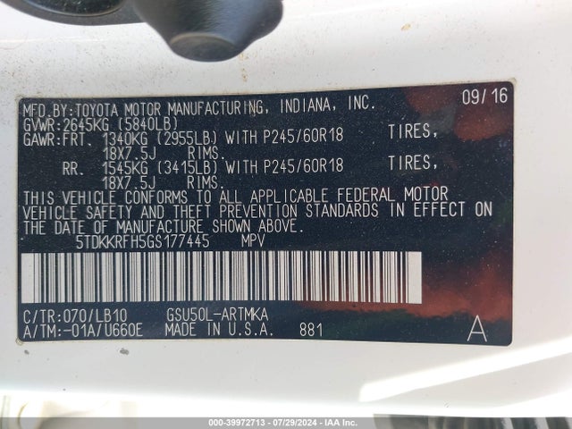 Toyota Highlander Xle V6 2016 5TDKKRFH5GS177445 Image 9