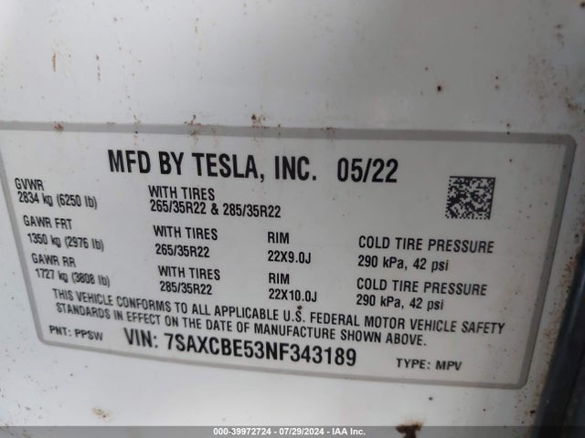 7SAXCBE53NF343189 Tesla Model X Dual Motor All-wheel Drive