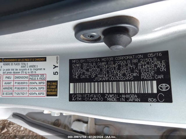 Toyota Prius Three 2016 JTDKARFU0G3022495 Image 9