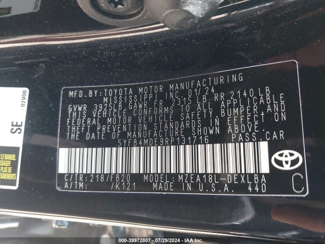 Toyota COROLLA LE 2024 5YFB4MDE9RP131716 Image 9