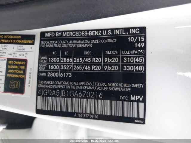 4JGDA5JB1GA670216 Mercedes-Benz GLE 350