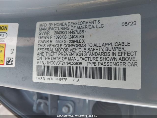 1HGCV3F24NA023938 Honda Accord Hybrid Sport