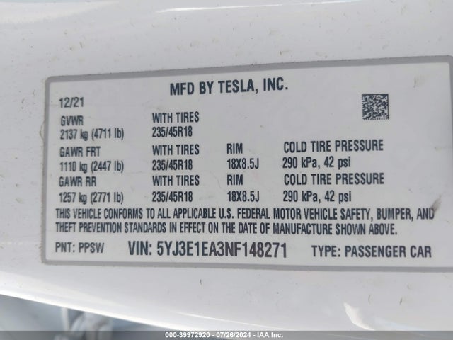 2022 TESLA MODEL 3 5YJ3E1EA3NF148271 Photo 8