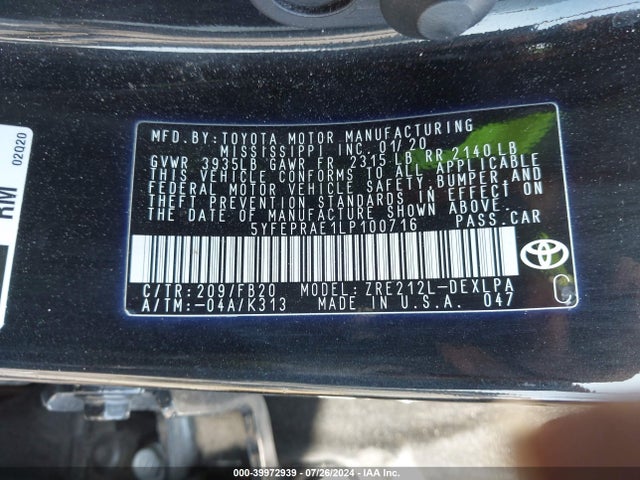 Toyota COROLLA LE 2020 5YFEPRAE1LP100716 Image 9