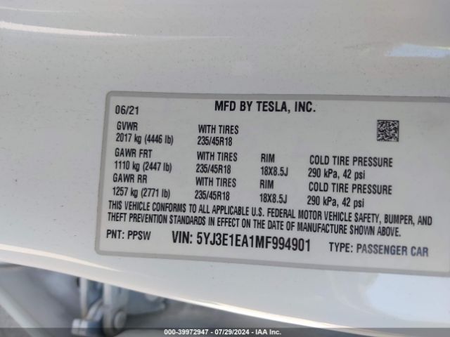 5YJ3E1EA1MF994901 Tesla Model 3 Standard Range Plus Rear-wheel Drive
