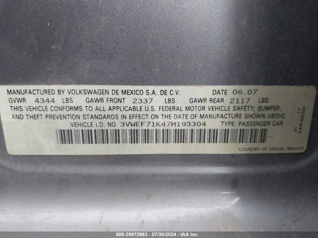 39972963 :رقم المزاد ، 3VWEF71K47M193304 vin ، 2007 Volkswagen Jetta Wolfsburg Edition مزاد بيع