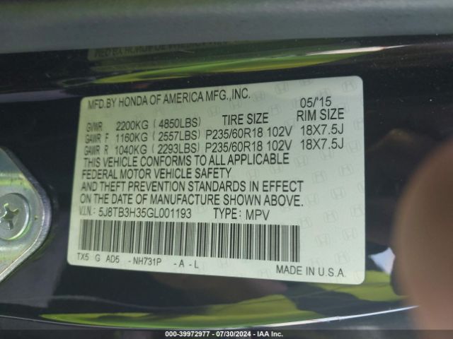 5J8TB3H35GL001193 Acura Rdx Acurawatch Plus Pkg