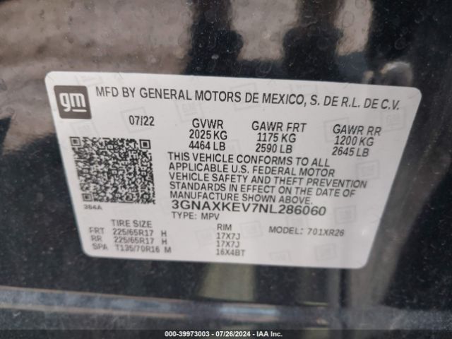 3GNAXKEV7NL286060 Chevrolet Equinox Fwd Lt
