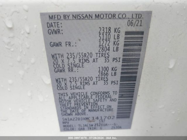 5N1AZ2DJXMC141702 Nissan Murano Platinum Fwd