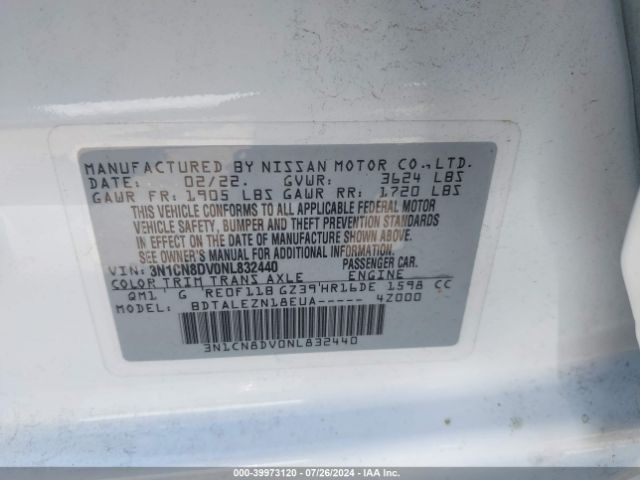 3N1CN8DV0NL832440 Nissan Versa 1.6 S Xtronic Cvt