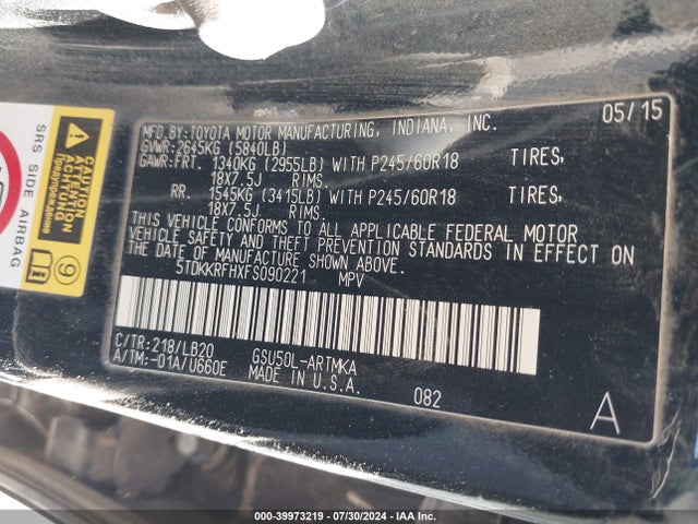 Toyota Highlander Xle V6 2015 5TDKKRFHXFS090221 Image 9