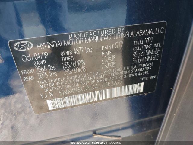 5NMS5CAD4LH183677 Hyundai Santa Fe Limited