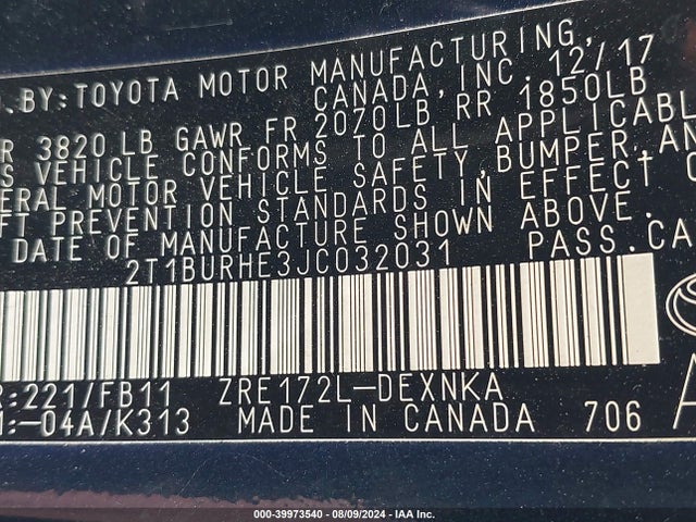 Toyota COROLLA LE 2018 2T1BURHE3JC032031 Image 9