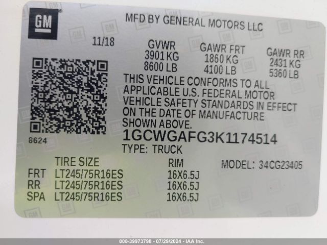 1GCWGAFG3K1174514 Chevrolet Express 2500 Work Van