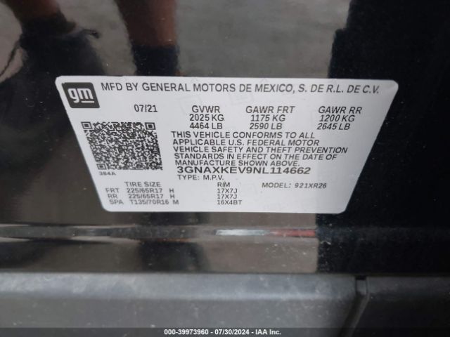 3GNAXKEV9NL114662 Chevrolet Equinox Fwd Lt