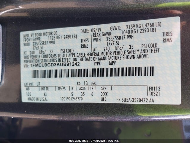 Ford ESCAPE SE 2019 1FMCU9GD3KUB91242 Image 9
