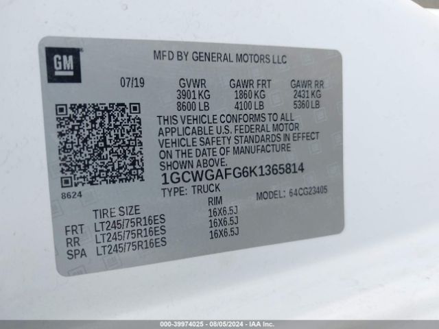 1GCWGAFG6K1365814 Chevrolet Express 2500 Work Van
