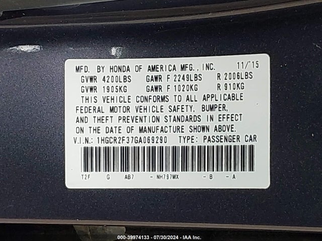 Honda ACCORD LX 2016 1HGCR2F37GA069290 Image 9