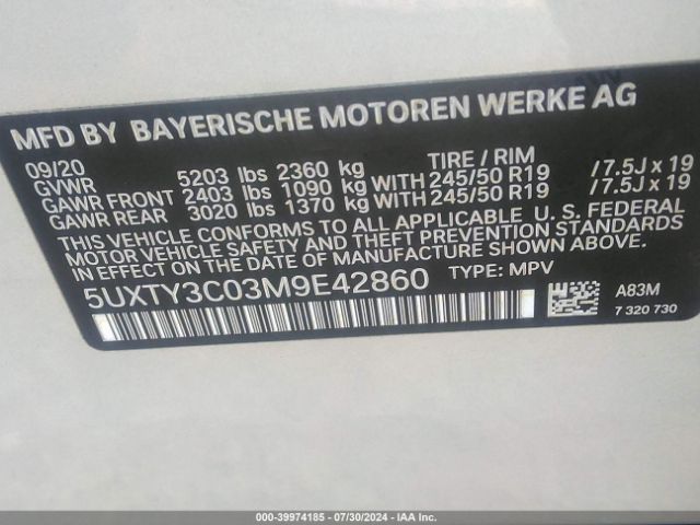 5UXTY3C03M9E42860 BMW X3 Sdrive30i