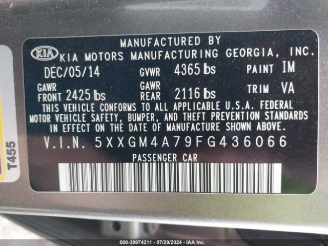 5XXGM4A79FG436066 KIA Optima Lx