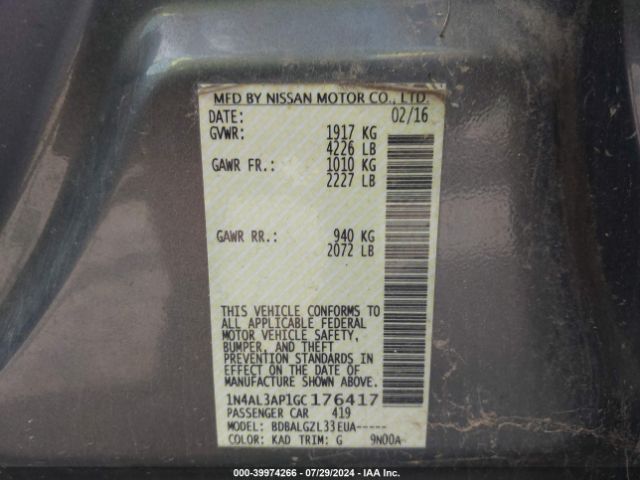 1N4AL3AP1GC176417 Nissan Altima 2.5/2.5 S/2.5 Sl/2.5 Sr/2.5 Sv