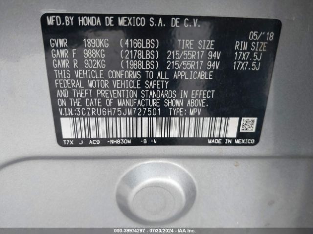 3CZRU6H75JM727501 Honda Hr-v Ex-l