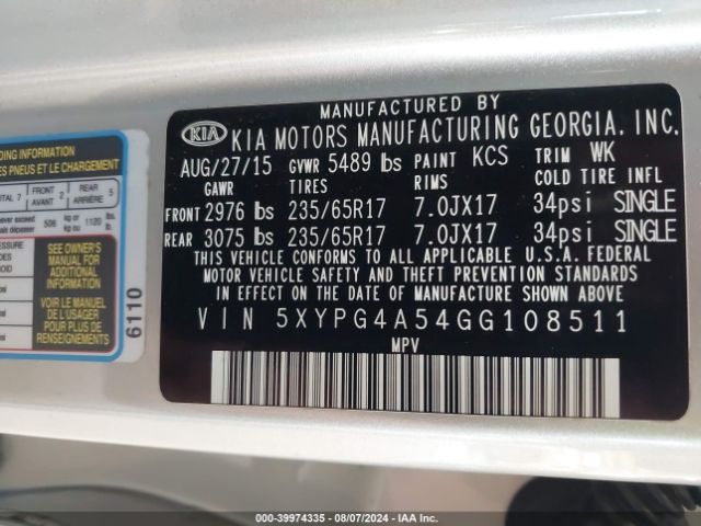 5XYPG4A54GG108511 KIA Sorento 3.3l Lx
