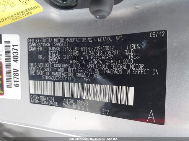 Aukcja sprzedaży 2012 Toyota Sienna Base 7 Passenger/le 8 Passenger, vin: 5TDKA3DC2CS014415, numer aukcji: 39974368