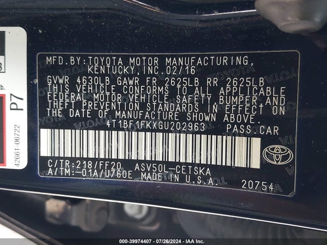 Toyota CAMRY SE 2016 4T1BF1FKXGU202963 Image 9