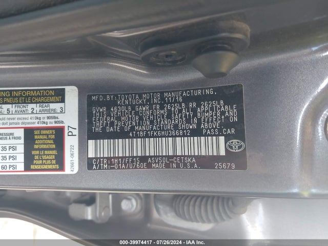 Toyota CAMRY SE 2017 4T1BF1FK6HU366812 Image 9