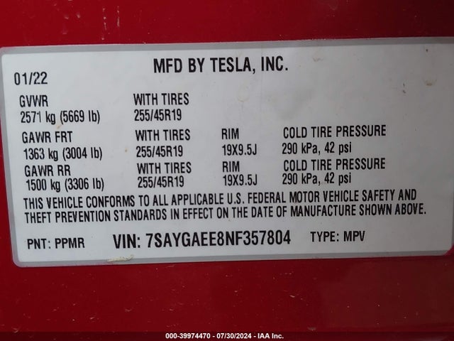 2022 TESLA MODEL Y 7SAYGAEE8NF357804 Photo 8