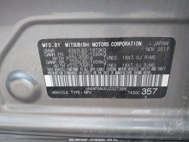 JA4AP3AU0JZ027368 Mitsubishi Outlander Sport 2.0 Le