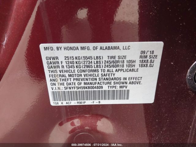 5FNYF5H59KB004809 Honda Pilot Ex-l