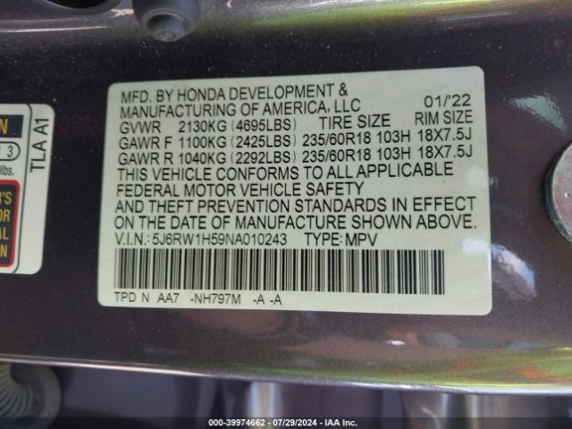5J6RW1H59NA010243 Honda Cr-v 2wd Ex