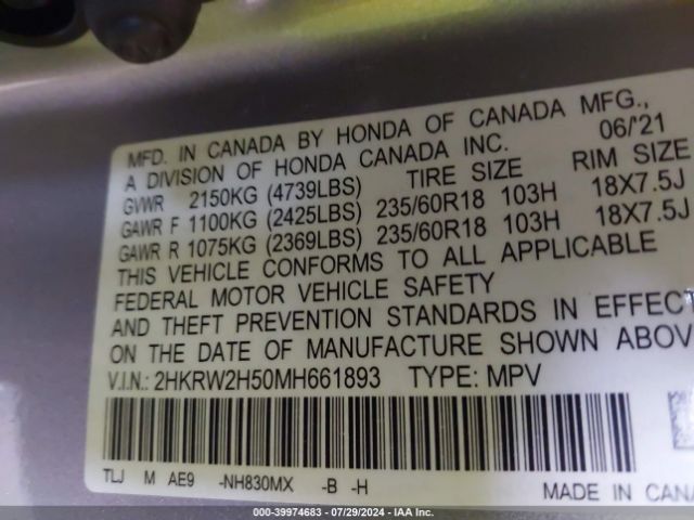 2HKRW2H50MH661893 Honda Cr-v Awd Ex