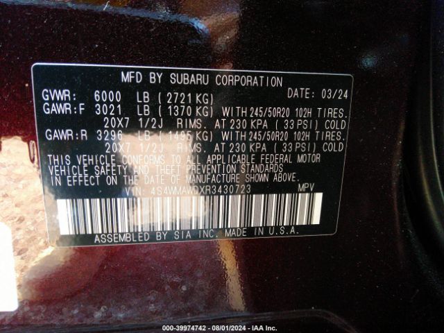 4S4WMAWDXR3430723 Subaru Ascent Touring 7-passenger