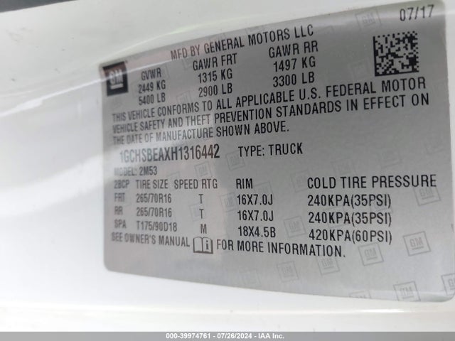 Chevrolet Colorado Wt 2017 1GCHSBEAXH1316442 Image 9