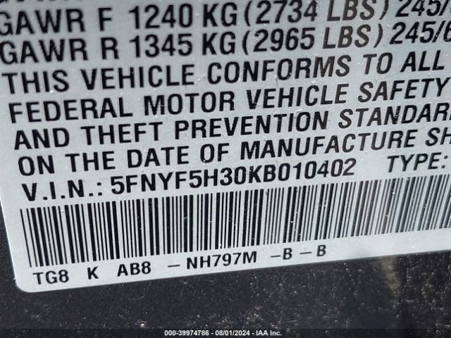 5FNYF5H30KB010402 Honda Pilot Ex