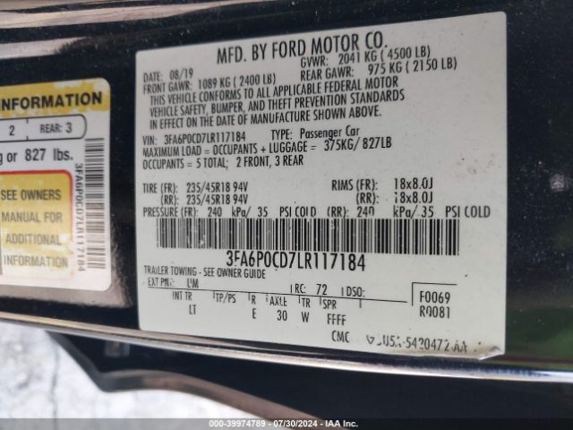3FA6P0CD7LR117184 Ford FUSION SEL