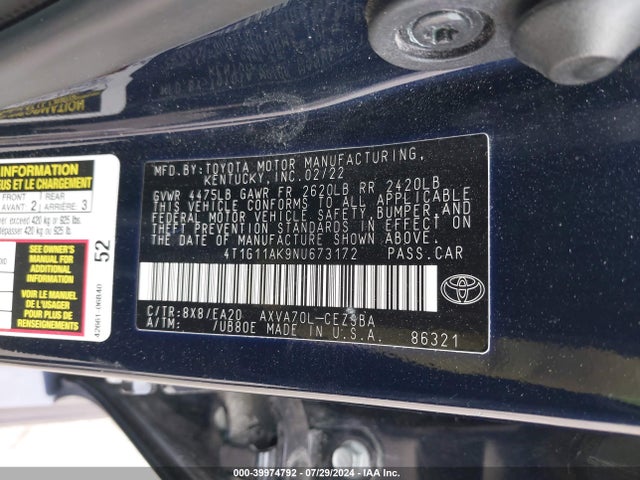 Toyota CAMRY SE 2022 4T1G11AK9NU673172 Image 9