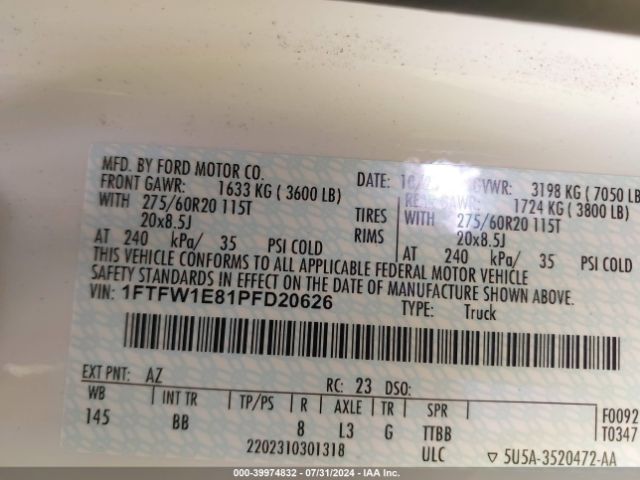 1FTFW1E81PFD20626 Ford F-150 Platinum