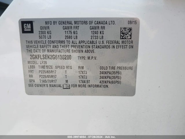 GMC Terrain Sle-1 2016 2GKFLSEK2G6130200 Image 9